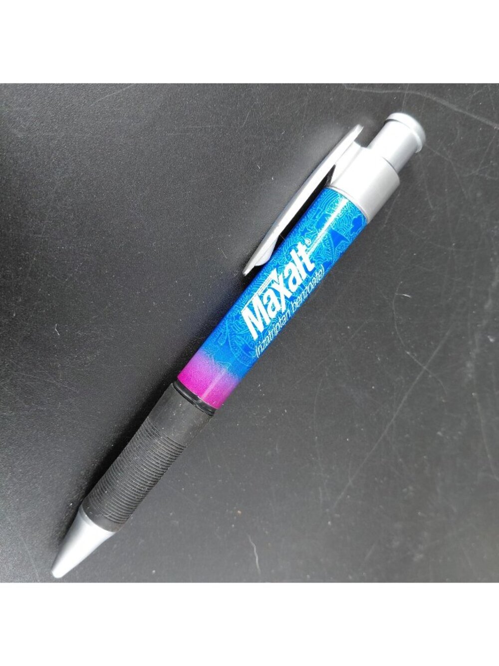Maxalt Promotional Ballpoint Pen Black Ink Blue Purple Barrel Chrome Trim Grip